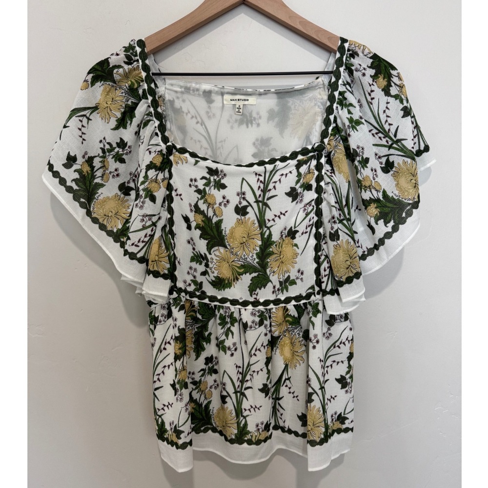 Max Studio Floral Flutter Sleeve Top Square Neck Cottagecore Yellow Size S